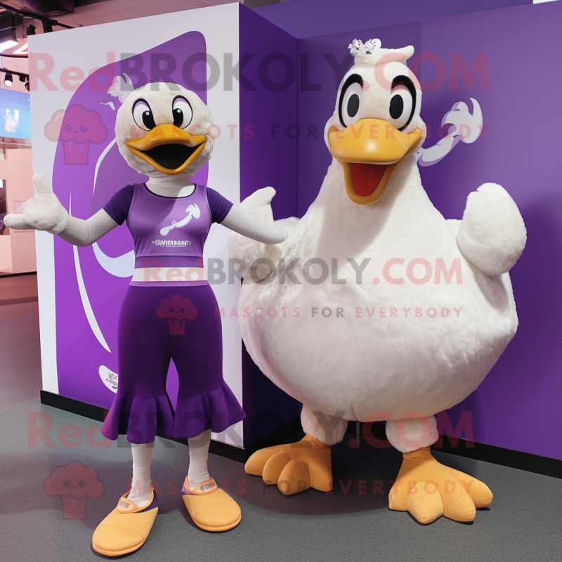 Purple Swan mascot costume character dressed with a Tank Top and Brooches