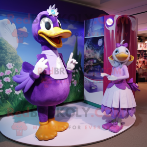 Purple Swan mascot costume character dressed with a Tank Top and Brooches