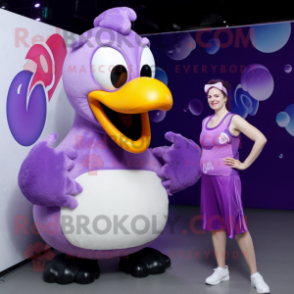 Purple Swan mascot costume character dressed with a Tank Top and Brooches