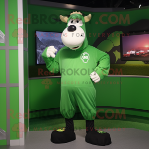 Green Cow mascot costume character dressed with a Hoodie and Cufflinks
