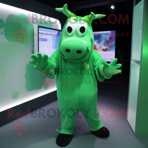 Green Cow mascot costume character dressed with a Hoodie and Cufflinks