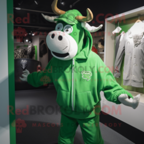 Green Cow mascot costume character dressed with a Hoodie and Cufflinks