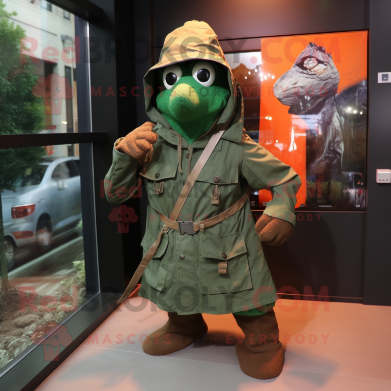 Rust Green Beret mascot costume character dressed with a Raincoat and Scarf clips