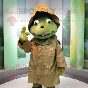 Rust Green Beret mascot costume character dressed with a Raincoat and Scarf clips