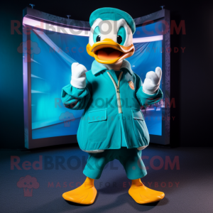 Teal Duck mascot costume character dressed with a Jacket and Earrings