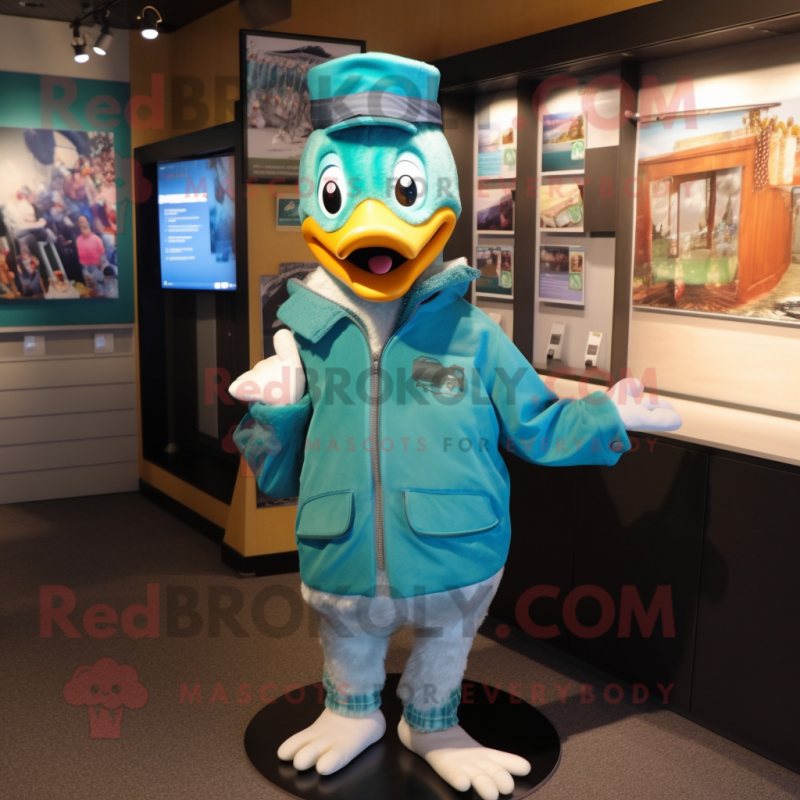 Teal Duck mascot costume character dressed with a Jacket and Earrings