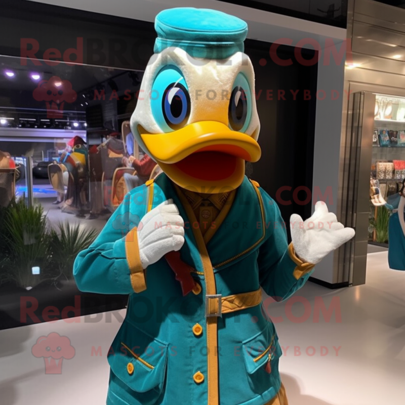 Teal Duck mascot costume character dressed with a Jacket and Earrings