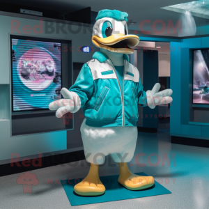 Teal Duck mascot costume character dressed with a Jacket and Earrings
