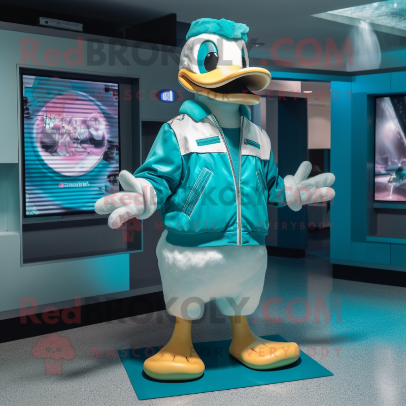 Teal Duck mascot costume character dressed with a Jacket and Earrings