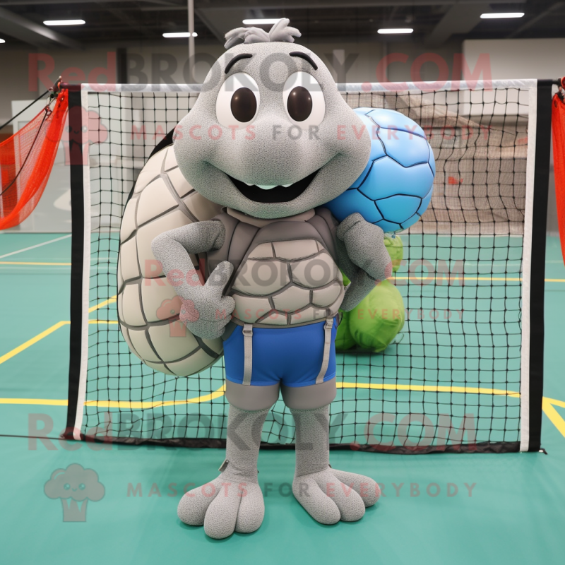 Gray Volleyball Net mascot costume character dressed with a Turtleneck and Backpacks Gray Volleyball Net mascot costume character dressed with a Turtleneck and Backpacks