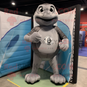 Gray Volleyball Net mascot costume character dressed with a Turtleneck and Backpacks