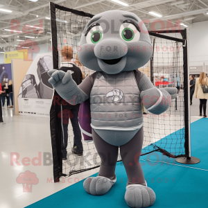 Gray Volleyball Net mascot costume character dressed with a Turtleneck and Backpacks