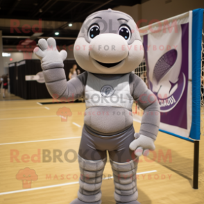 Gray Volleyball Net mascot costume character dressed with a Turtleneck and Backpacks