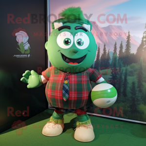Green Rugby Ball mascot costume character dressed with a Flannel Shirt and Anklets