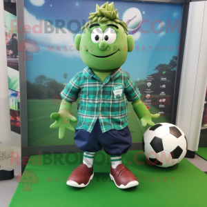 Green Rugby Ball mascot costume character dressed with a Flannel Shirt and Anklets