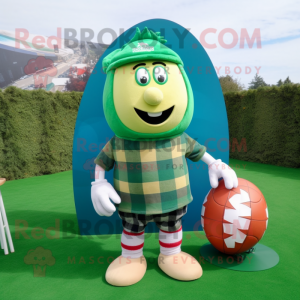 Green Rugby Ball mascot costume character dressed with a Flannel Shirt and Anklets