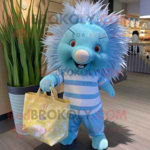 Sky Blue Porcupine mascot costume character dressed with a Playsuit and Tote bags