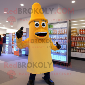Tan Bottle Of Mustard mascot costume character dressed with a Flare Jeans and Gloves
