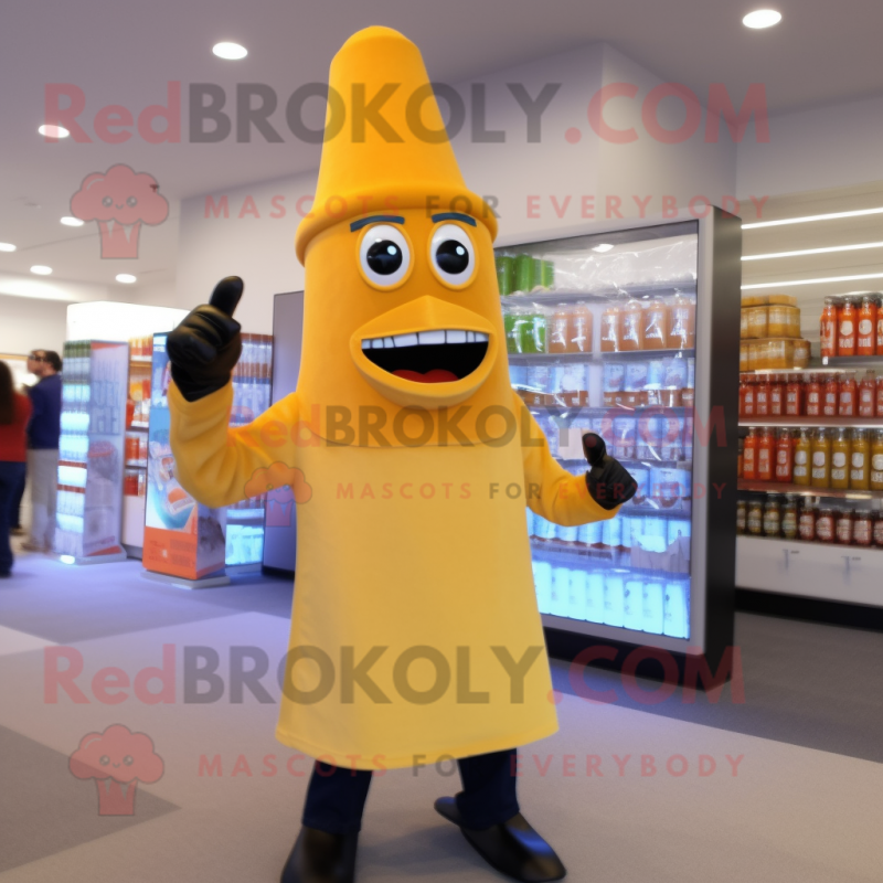 Tan Bottle Of Mustard mascot costume character dressed with a Flare Jeans and Gloves Tan Bottle Of Mustard mascot costume character dressed with a Flare Jeans and Gloves