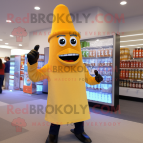 Tan Bottle Of Mustard mascot costume character dressed with a Flare Jeans and Gloves