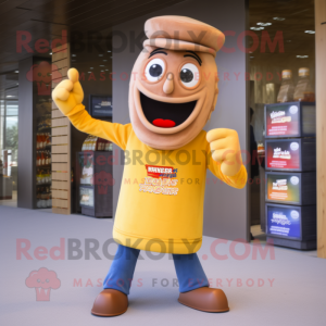 Tan Bottle Of Mustard mascot costume character dressed with a Flare Jeans and Gloves