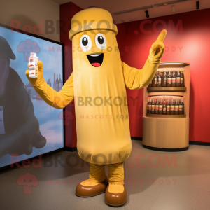 Tan Bottle Of Mustard mascot costume character dressed with a Flare Jeans and Gloves
