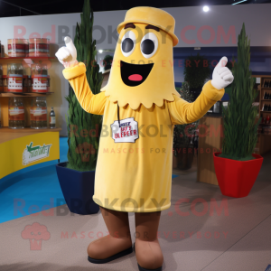 Tan Bottle Of Mustard mascot costume character dressed with a Flare Jeans and Gloves