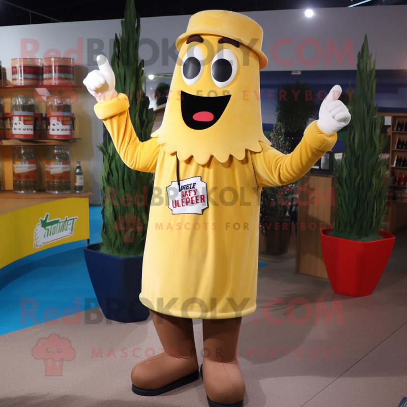 Tan Bottle Of Mustard mascot costume character dressed with a Flare Jeans and Gloves Tan Bottle Of Mustard mascot costume character dressed with a Flare Jeans and Gloves