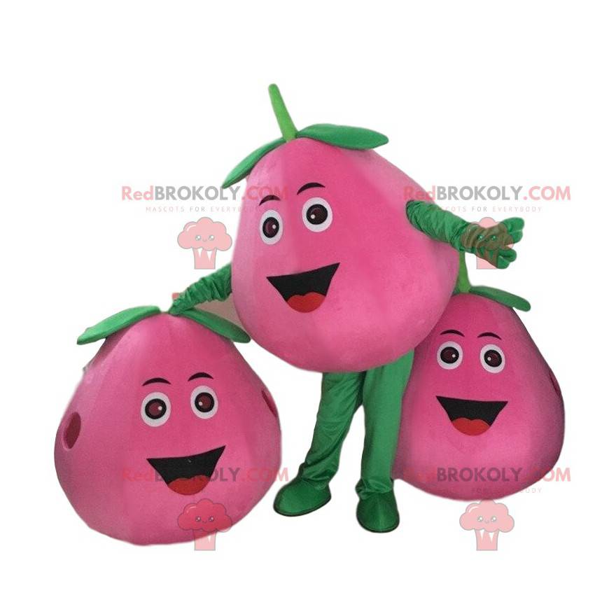 Mascot melocotón rosa, traje de pera gigante, fruta rosa -