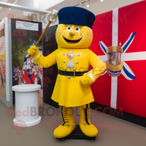 Yellow British Royal Guard mascot costume character dressed with a Rugby Shirt and Cummerbunds