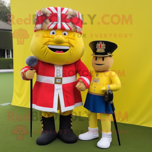Yellow British Royal Guard mascot costume character dressed with a Rugby Shirt and Cummerbunds