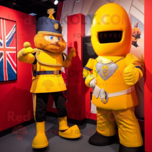 Yellow British Royal Guard mascot costume character dressed with a Rugby Shirt and Cummerbunds