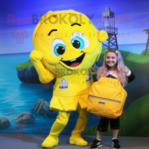 Yellow Mermaid mascot costume character dressed with a Bermuda Shorts and Backpacks