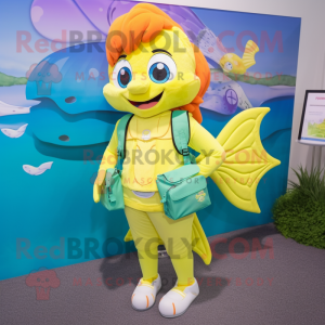 Yellow Mermaid mascot costume character dressed with a Bermuda Shorts and Backpacks