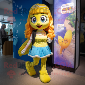 Yellow Mermaid mascot costume character dressed with a Bermuda Shorts and Backpacks