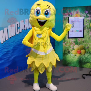 Yellow Mermaid mascot costume character dressed with a Bermuda Shorts and Backpacks