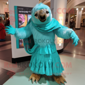 Turquoise Giant Sloth mascot costume character dressed with a Wrap Skirt and Clutch bags