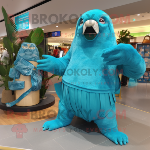 Turquoise Giant Sloth mascot costume character dressed with a Wrap Skirt and Clutch bags