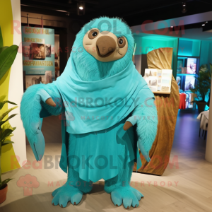 Turquoise Giant Sloth mascot costume character dressed with a Wrap Skirt and Clutch bags
