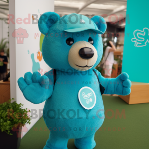 Turquoise Bear mascot costume character dressed with a Polo Tee and Earrings