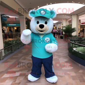 Turquoise Bear mascot costume character dressed with a Polo Tee and Earrings