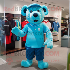 Turquoise Bear mascot costume character dressed with a Polo Tee and Earrings