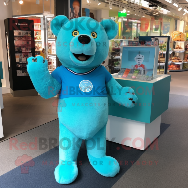 Turquoise Bear mascot costume character dressed with a Polo Tee and Earrings Turquoise Bear mascot costume character dressed with a Polo Tee and Earrings