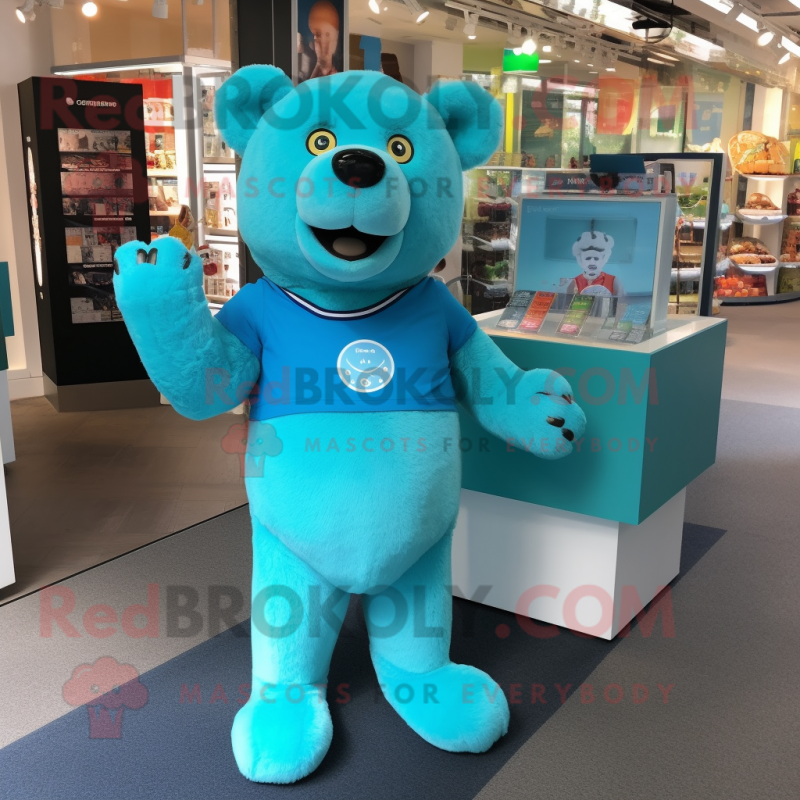 Turquoise Bear mascot costume character dressed with a Polo Tee and Earrings