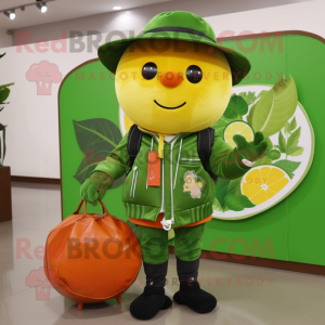 Forest Green Grapefruit mascot costume character dressed with a Leather Jacket and Coin purses