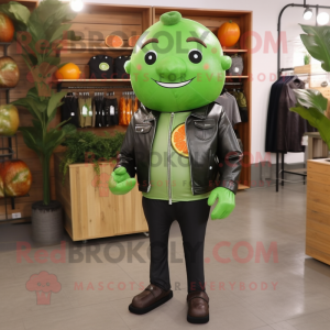 Forest Green Grapefruit mascot costume character dressed with a Leather Jacket and Coin purses