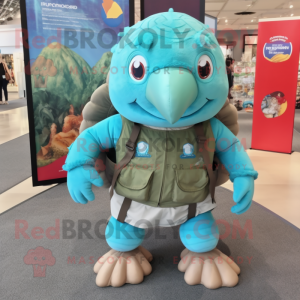 Turquoise Glyptodon mascot costume character dressed with a Cargo Shorts and Backpacks