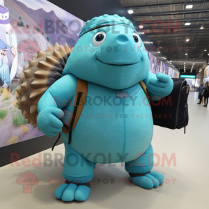 Turquoise Glyptodon mascot costume character dressed with a Cargo Shorts and Backpacks