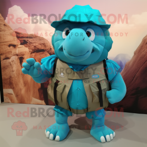 Turquoise Glyptodon mascot costume character dressed with a Cargo Shorts and Backpacks