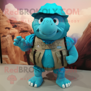 Turquoise Glyptodon mascot costume character dressed with a Cargo Shorts and Backpacks